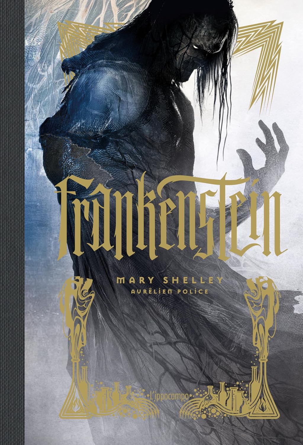 Copertina dell'edizione illustrata Collector di Frankenstein edita da L'Ippocampo con un'imponente figura oscura dai lunghi capelli.