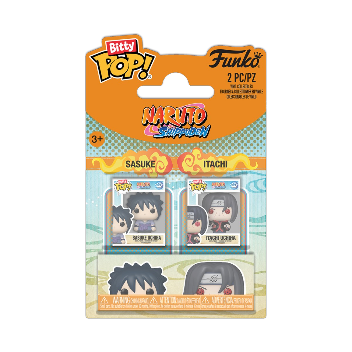 Confezione blisterata del Funko Bitty Pop! 2-Pack di Naruto Shippuden. La card arancione e azzurra contiene le due mini figure in vinile di Sasuke Uchiha e Itachi Uchiha all'interno delle loro piccole scatole protettive trasparenti.