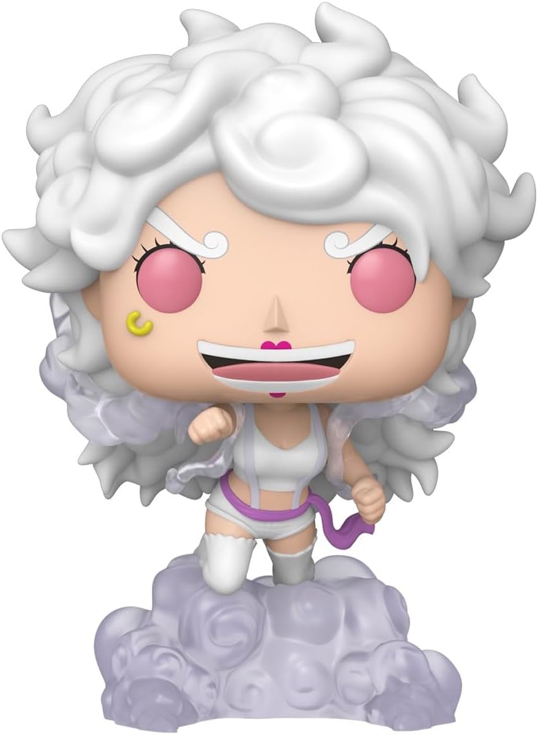 Primo piano della figure Funko Pop! di Jewelry Bonney in forma "Nika-like" con capelli bianchi e occhi rosa su base nuvola.