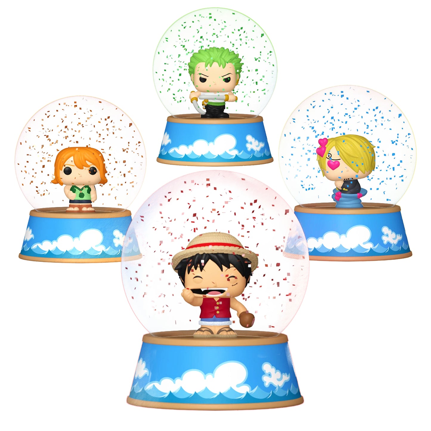 Quattro mini palle di neve collezionabili Funko Pop! della serie One Piece disposte su sfondo bianco, contenenti le figure chibi di Luffy, Zoro, Sanji e Nami con glitter colorati fluttuanti all'interno.