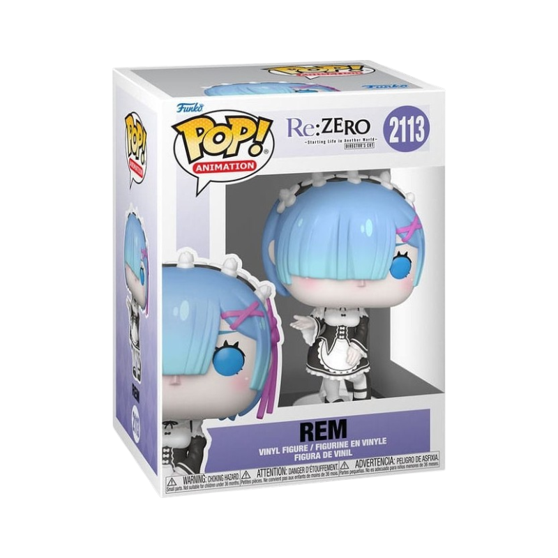 Scatola del Funko POP! di Rem numero 2113, con la figure in vinile che indossa l'abito da cameriera e mostra i caratteristici capelli azzurri.