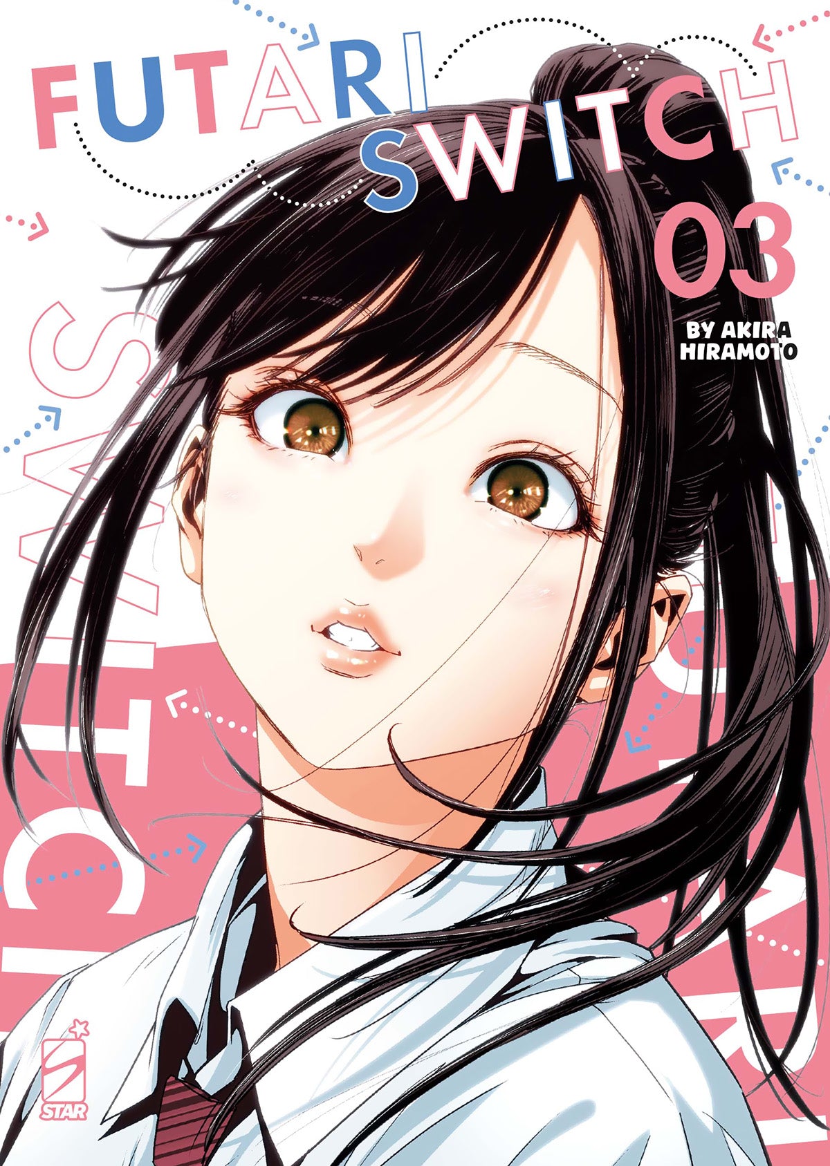 Copertina del manga Futari Switch volume 3 edito da Star Comics; l'illustrazione in primo piano mostra il volto di Ichigo con i capelli legati e un'espressione sorpresa, su uno sfondo grafico con frecce e il titolo in rosso e blu.