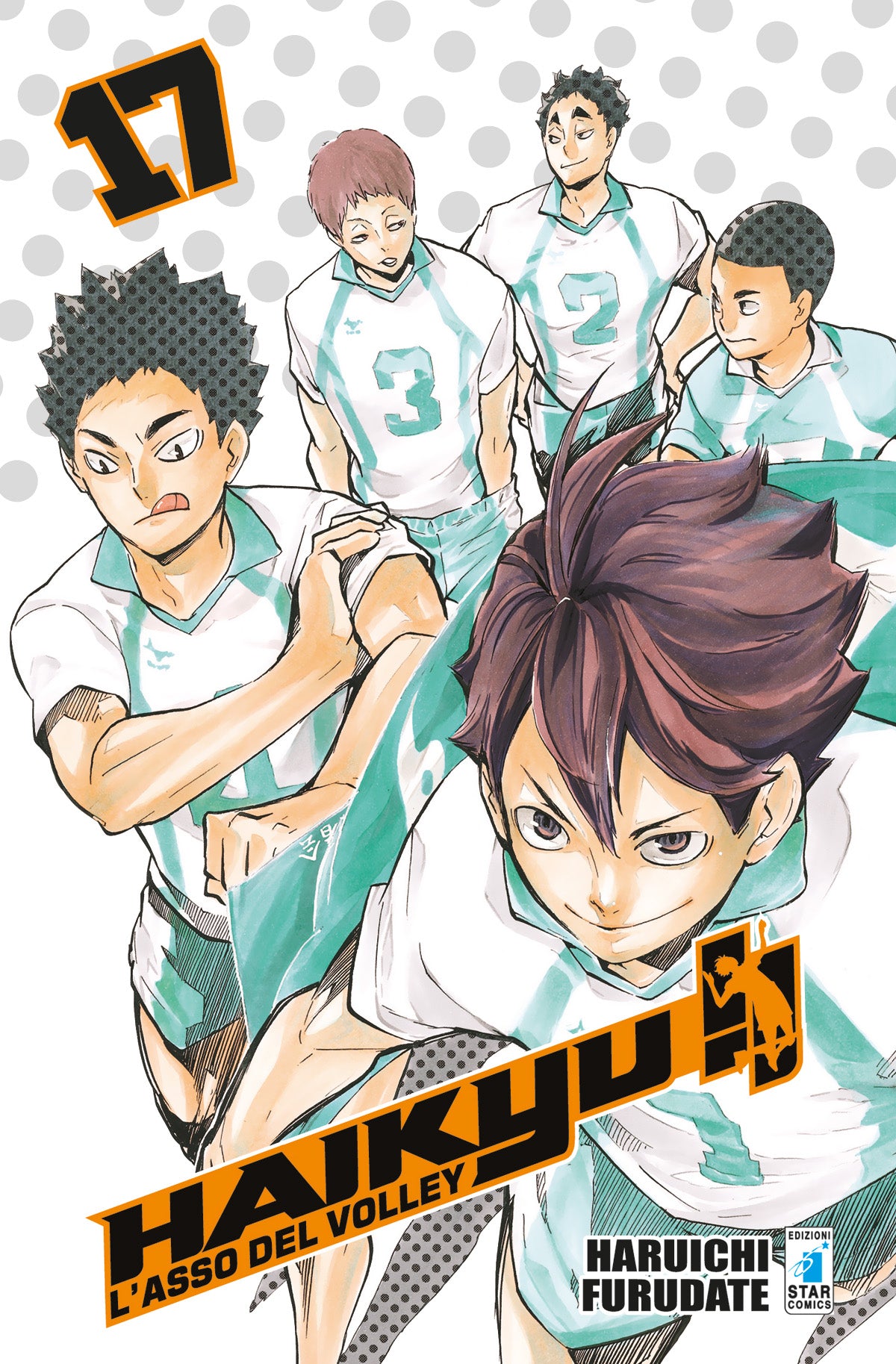Copertina del manga Haikyu!! Vol. 17 edito da Star Comics. In primo piano spicca Toru Oikawa, il capitano dell'Aoba Johsai, con uno sguardo di sfida e un sorriso beffardo. Alle sue spalle, i suoi compagni di squadra in maglia bianco-azzurra, tra cui Iwaizumi e Kyotani, sono pronti all'attacco. Il numero 17 risalta in arancione in alto a sinistra.