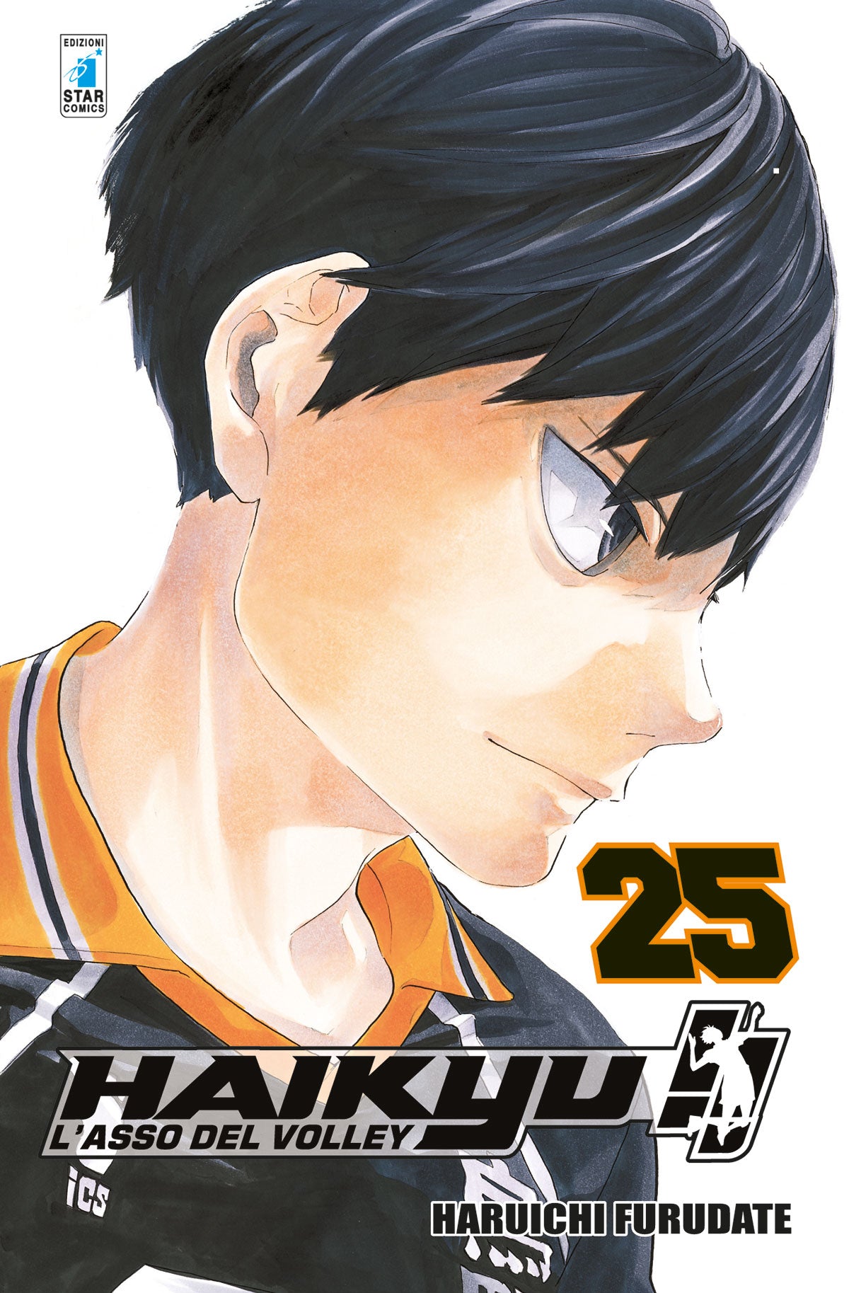 Copertina del manga Haikyu!! Vol. 25 edito da Star Comics. In primissimo piano, Tobio Kageyama è ritratto di profilo con uno sguardo freddo e penetrante. Indossa la divisa scura del Karasuno con i classici inserti arancioni sul colletto. Lo sfondo è bianco e minimalista, mettendo in risalto i lineamenti decisi del personaggio. Il numero 25 risalta in arancione e nero sulla destra.