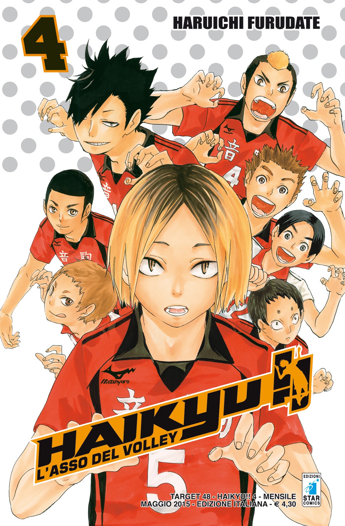 Copertina del manga Haikyu!! Vol. 4 edito da Star Comics. In primo piano spicca Kenma Kozume, l'alzatore del Nekoma, con i suoi caratteristici capelli biondi e neri e uno sguardo concentrato. Alle sue spalle si vedono i suoi compagni di squadra in maglia rossa, tra cui il capitano Tetsuro Kuroo. Il design sottolinea il ruolo del Nekoma come principali rivali in questo volume.