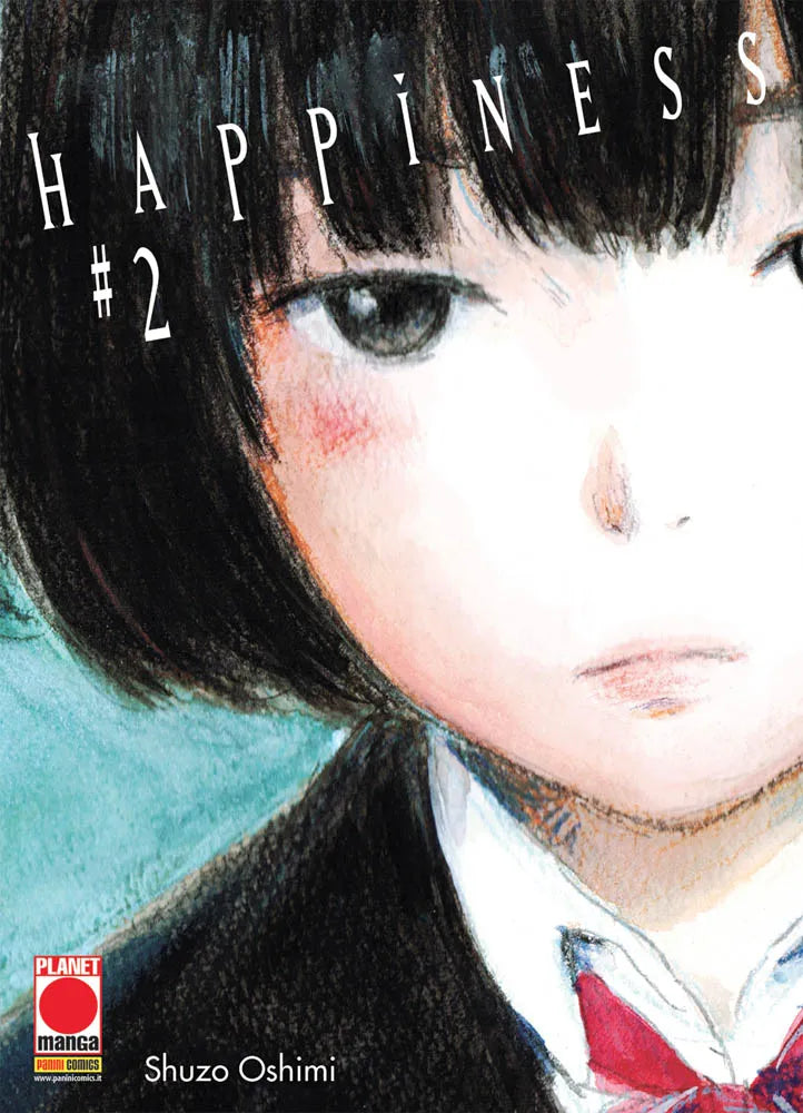Copertina del secondo volume in italiano del manga 'Happiness' di Shuzo Oshimi, edito da Panini Planet Manga. L'illustrazione artistica dal tratto morbido in stile matita e acquerello mostra il primo piano di una giovane ragazza con capelli corti neri a caschetto, divisa scolastica scura con colletto bianco e fiocco rosso, mentre fissa l'osservatore con uno sguardo intenso e serio.