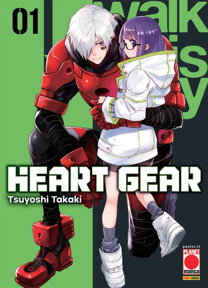 Copertina del manga Heart Gear Vol. 1. Un possente androide con armatura rossa e nera tiene protettivamente tra le braccia una ragazza con capelli viola e occhiali.