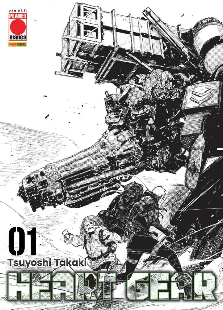 Copertina variant in bianco e nero del manga Heart Gear Vol. 1 (Planet Manga). Roue e il suo compagno camminano sotto l'ombra di un colossale braccio meccanico in un paesaggio post-apocalittico.
