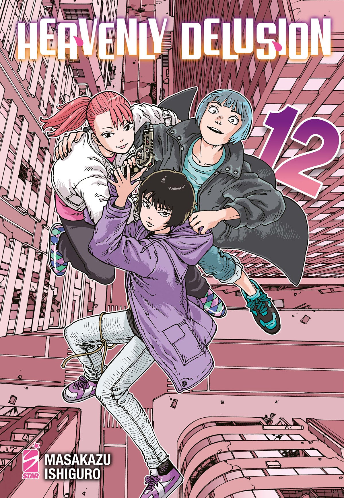 Copertina Heavenly Delusion 12. Tre ragazzi in caduta libera tra i grattacieli di una città rosa in rovina, uno dei quali impugna una pistola.