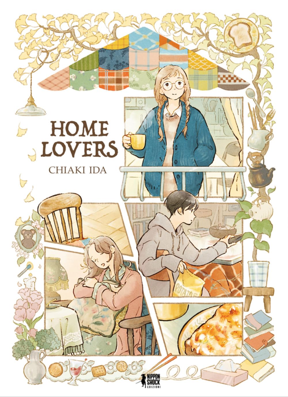 Copertina del libro illustrato Home Lovers di Chiaki Ida. Diverse vignette mostrano scene di vita domestica: una ragazza con gli occhiali, una ragazza che riposa e un ragazzo che guarda la TV.