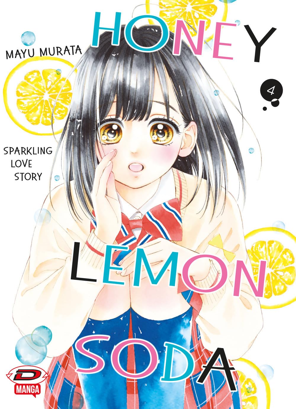 Copertina del quarto volume in italiano del manga 'Honey Lemon Soda' di Mayu Murata, edito da Dynit Manga. L'illustrazione mostra la protagonista Uka Ishimori in primo piano con grandi occhi ambrati e divisa scolastica, circondata da fette di limone e bollicine.