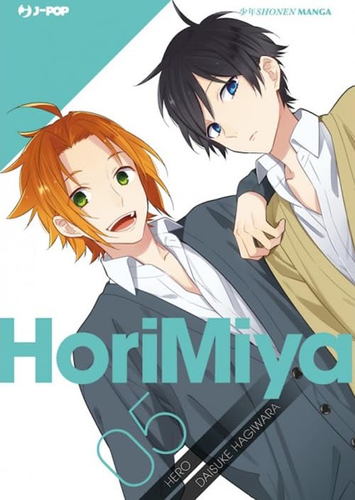 Copertina del quinto volume del manga Horimiya, che ritrae Izumi Miyamura con il suo nuovo taglio di capelli corto accanto al sorridente compagno di classe Shuu Iura.