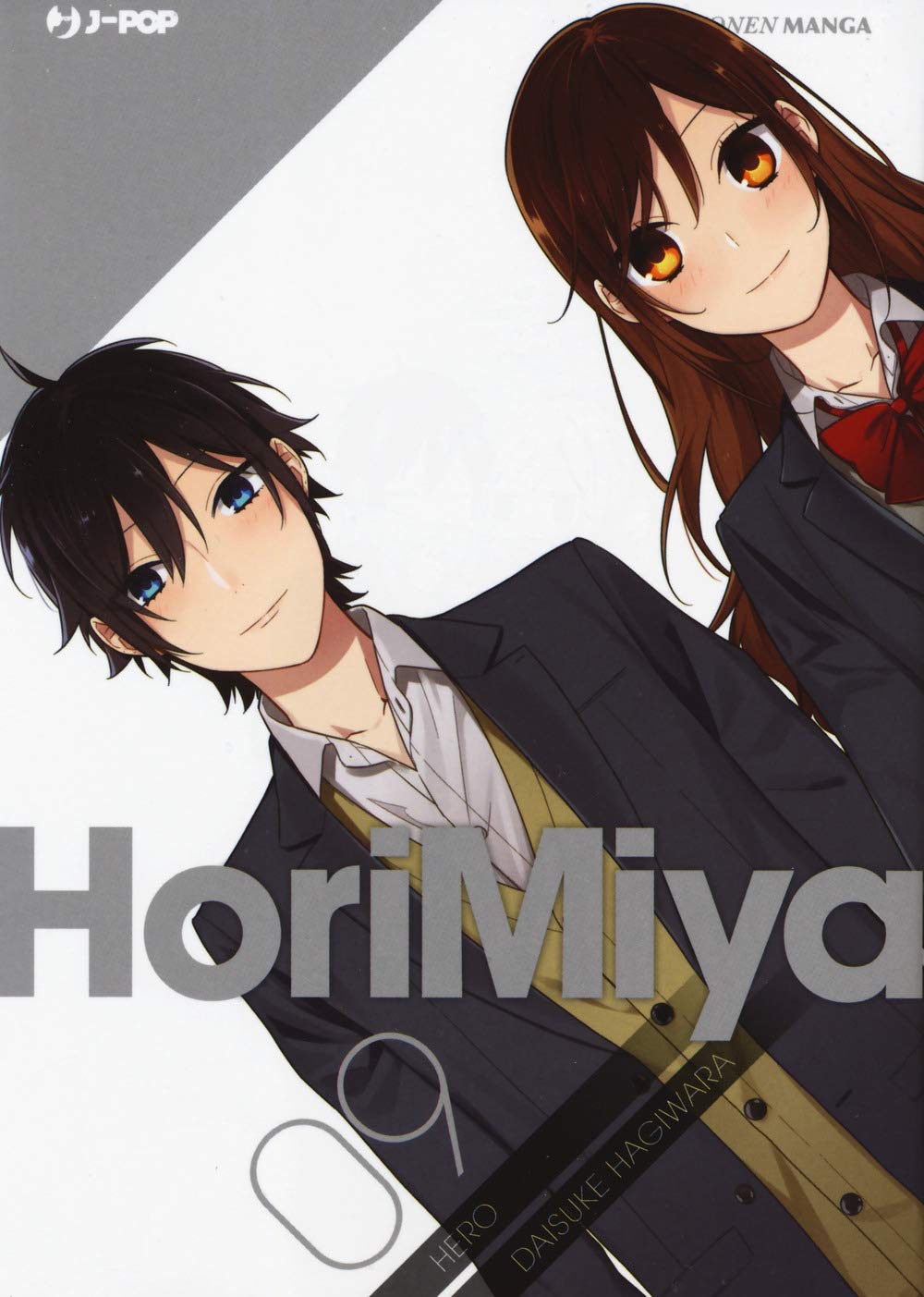 Copertina del nono volume del manga Horimiya, che mostra i protagonisti Kyoko Hori e Izumi Miyamura affiancati in divisa scolastica invernale su sfondo geometrico grigio.
