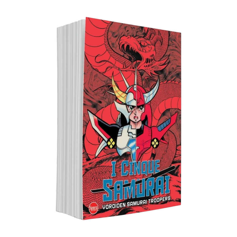 Modello tridimensionale del volume del manga I Cinque Samurai (Yoroiden Samurai Troopers) edito da Sprea Comics. Sulla copertina a sfondo rosso spicca un'illustrazione del protagonista Ryo Sanada diviso a metà tra l'abito base e l'Armatura del Fuoco, sormontato da un grande dragone in stile giapponese.