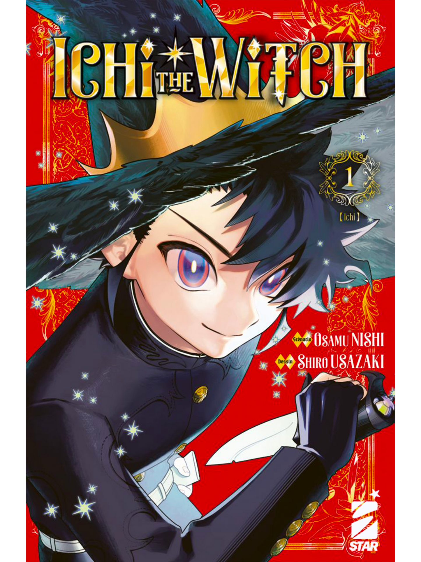 Copertina regular del volume 1 di Ichi The Witch edito da Star Comics; su sfondo rosso acceso con dettagli dorati, il protagonista Ichi è ritratto in primo piano con un cappello da strega nero e un pugnale in mano.