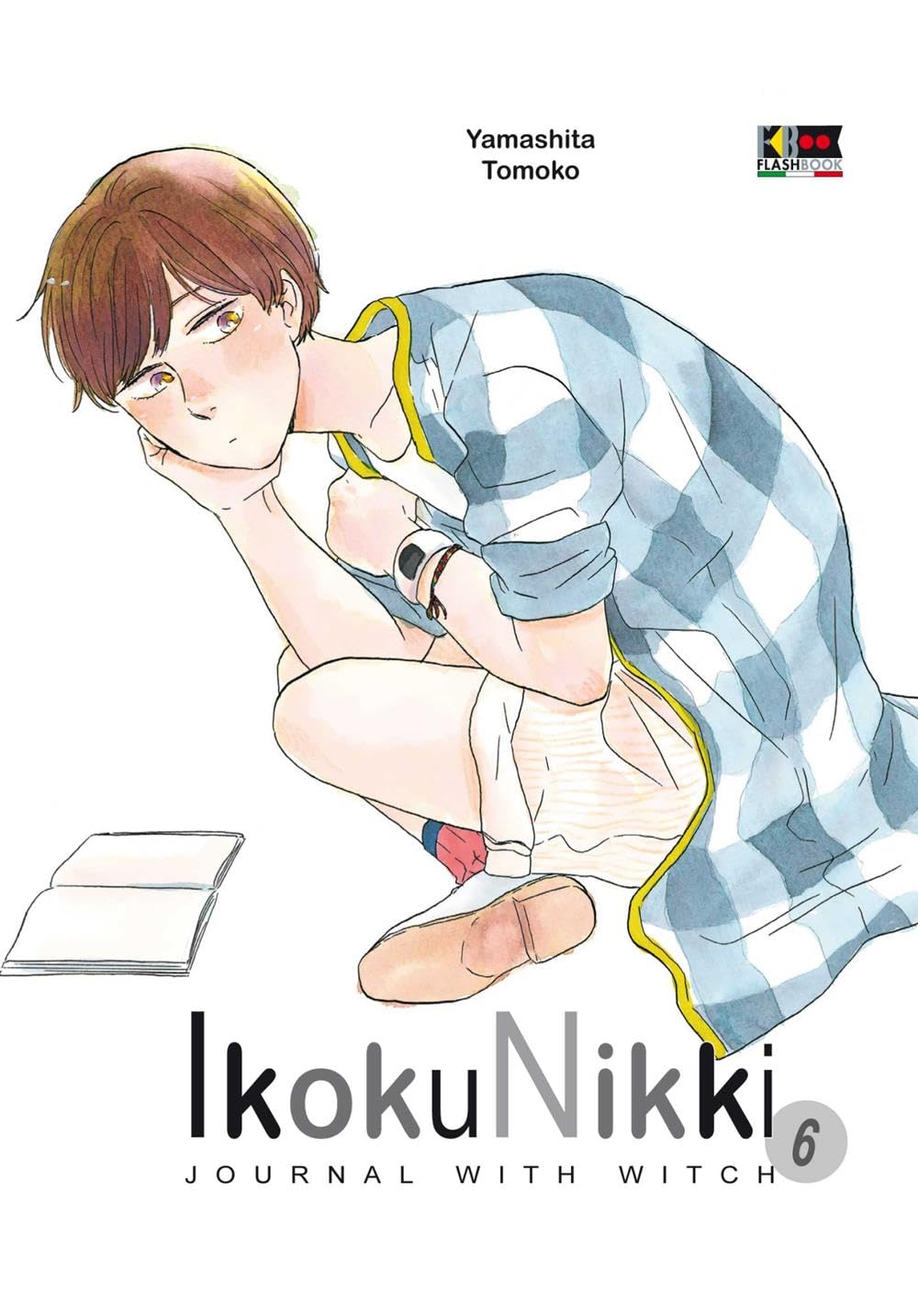 Copertina del sesto volume del manga Ikoku Nikki. L'illustrazione in delicati toni ad acquerello, posta su un candido sfondo bianco, ritrae la giovane Asa rannicchiata in una posa spiccatamente pensierosa. La ragazza, che indossa una morbida camicia a grandi quadri azzurri su pantaloncini chiari, poggia il mento sulla mano tenendo lo sguardo vagamente perso nel vuoto. Sul pavimento, accanto ai suoi piedi, è appoggiato un quaderno o un diario aperto. Nella parte inferiore dell'immagine spicca l'elegante tito