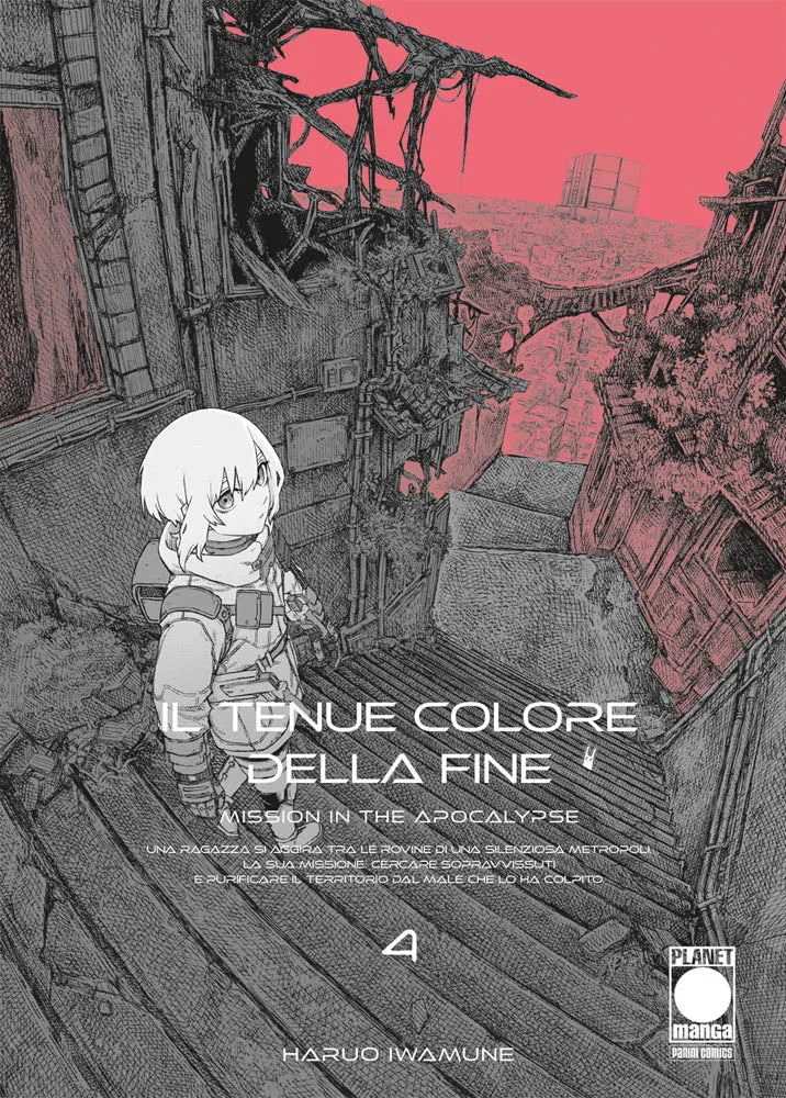 Copertina del quarto volume de Il Tenue Colore della Fine. Un'illustrazione in scala di grigi su sfondo rosa che ritrae una ragazzina con lo zaino mentre scende una scalinata tra le macerie di una città in rovina.