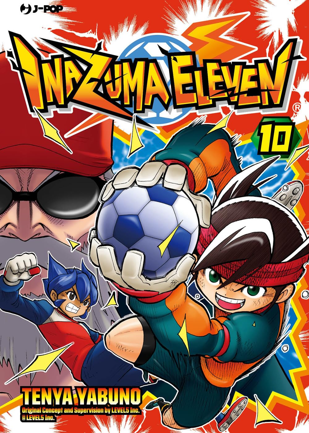 Copertina del manga Inazuma Eleven volume 10. Mark Evans, in divisa da portiere arancione e verde e con la sua tipica fascia rossa in testa, blocca saldamente il pallone tra le mani guantate con un'espressione determinata. Sullo sfondo si stagliano un ragazzo dai capelli blu in posa d'attacco e un misterioso uomo con cappellino rosso e occhiali scuri.