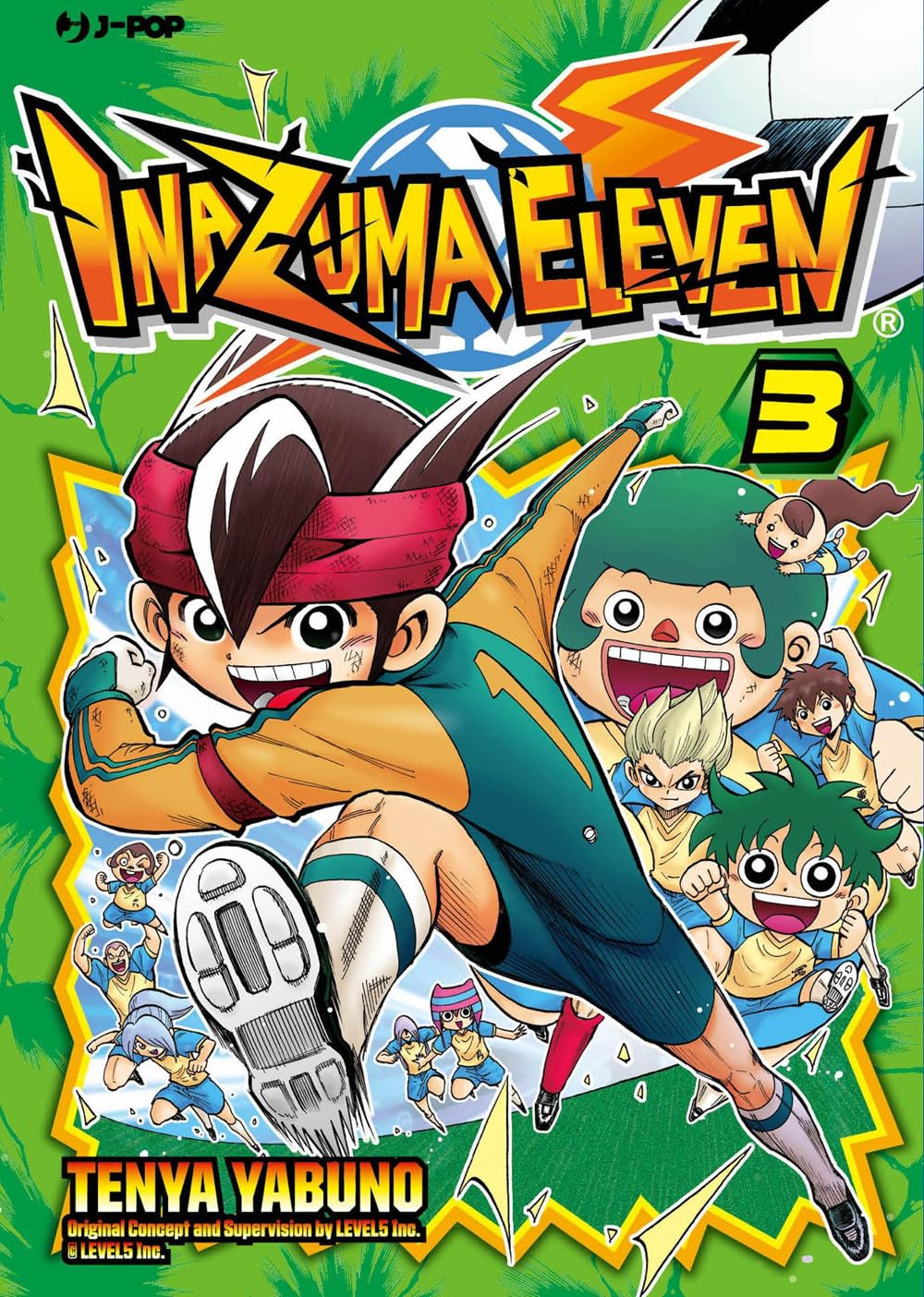 Il capitano Mark Evans (Endou Mamoru) in primo piano con la sua divisa da portiere e la fascia arancione, mentre esegue una parata o una tecnica speciale con un pallone da calcio infuocato sulla copertina di Inazuma Eleven Vol. 3.