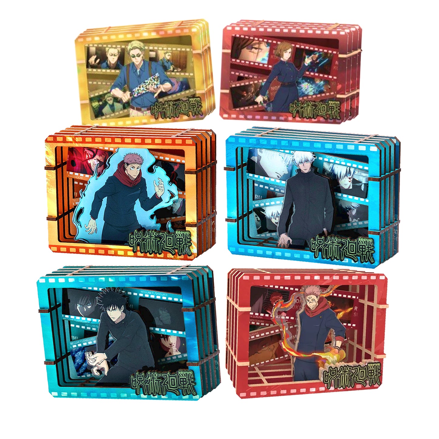 Sei mini gallerie tridimensionali in legno intagliato a forma di pellicola cinematografica con i personaggi di Jujutsu Kaisen: Nanami, Itadori, Kugisaki, Gojo, Sukuna e Fushiguro.