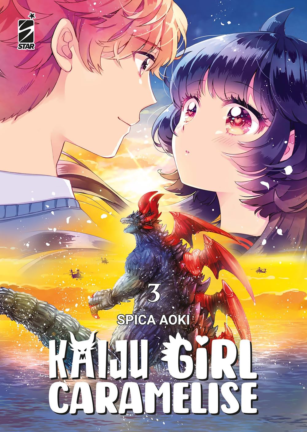 Copertina del terzo volume del manga Kaiju Girl Caramelise, che mostra in alto lo sguardo ravvicinato tra Arata con capelli rosa-biondi e Kuroe dagli occhi lucidi a cuore, mentre al centro un enorme kaiju scuro con ali e cresta rossa cammina nel mare al tramonto.