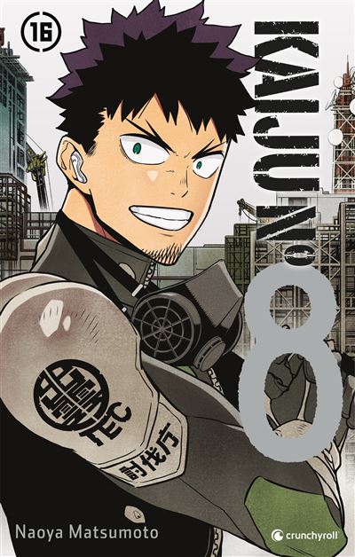 Copertina dell'ultimo volume (16) di Kaiju No. 8; in primo piano il protagonista Kafka Hibino con la divisa della Defense Force e sguardo determinato, pronto per il finale della serie.