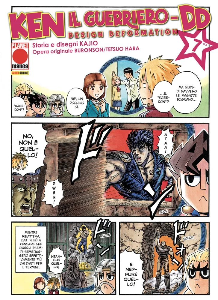 Copertina a fumetti a colori del volume 7 di Ken Il Guerriero DD, strutturata in vignette umoristiche in cui i personaggi in stile chibi ironizzano sul termine kabe-don.