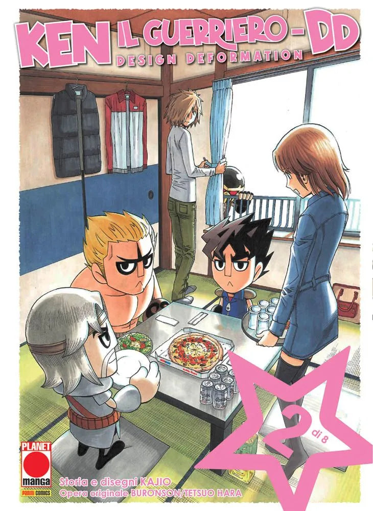 Copertina del manga Ken Il Guerriero DD Vol. 2; Kenshiro, Raoh e Toki in versione chibi (testa grande e corpo piccolo) sono seduti attorno a un tavolo basso con una pizza in un appartamento, mentre una ragazza porta dei bicchieri e Jagi spia dalla finestra.