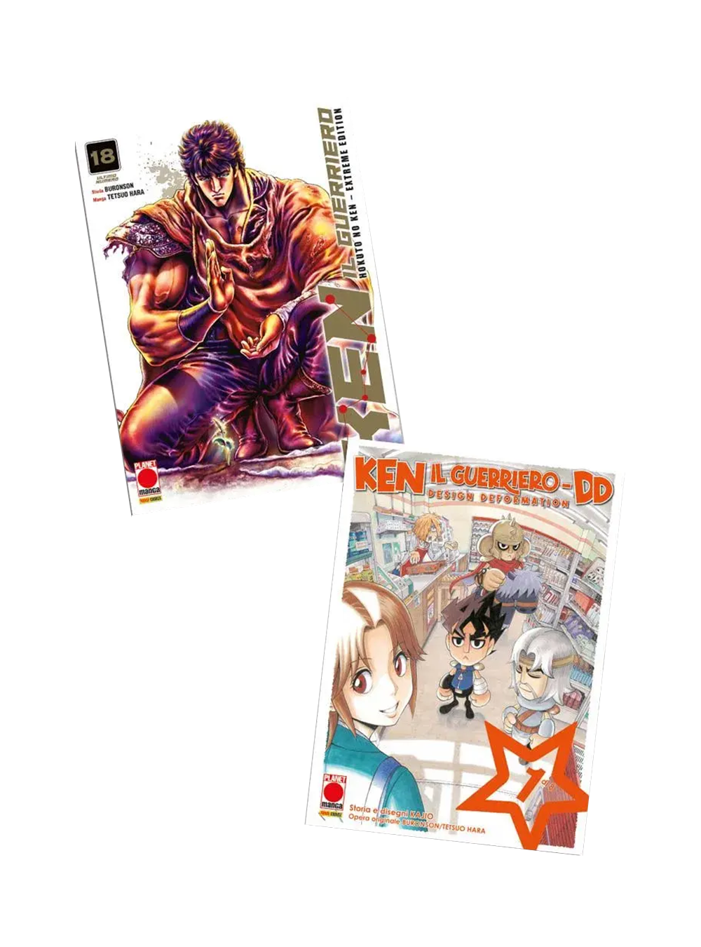 Pack contenente due volumi: a sinistra l'ultimo numero di Ken il Guerriero Extreme Edition (Vol. 18) con Kenshiro inginocchiato davanti a un germoglio; a destra il primo volume di Ken il Guerriero DD con i personaggi in versione chibi in un negozio.