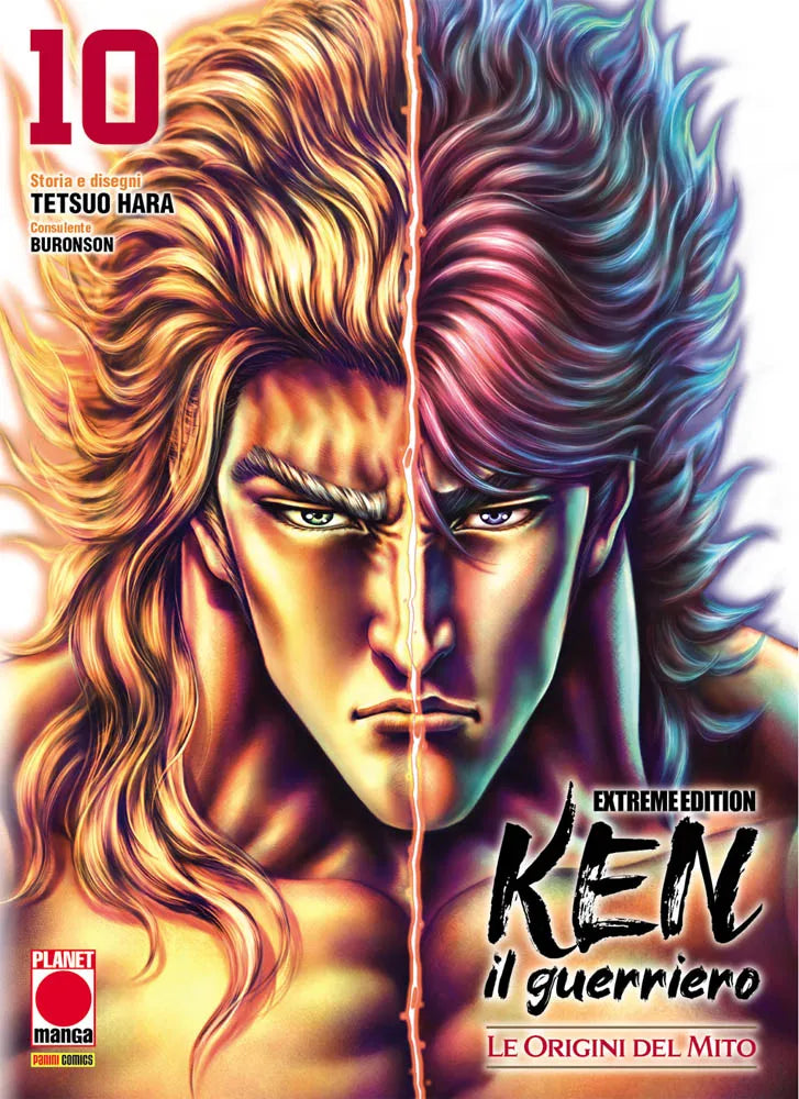 Copertina del decimo volume dell'edizione Extreme Edition in italiano del manga 'Ken il Guerriero - Le Origini del Mito' di Tetsuo Hara e Buronson, edito da Panini Planet Manga. L'illustrazione mostra un suggestivo primo piano diviso a metà del volto di Kenshiro Kasumi: la parte sinistra illuminata da toni caldi e dorati, e la parte destra da sfumature fredde viola e azzurre