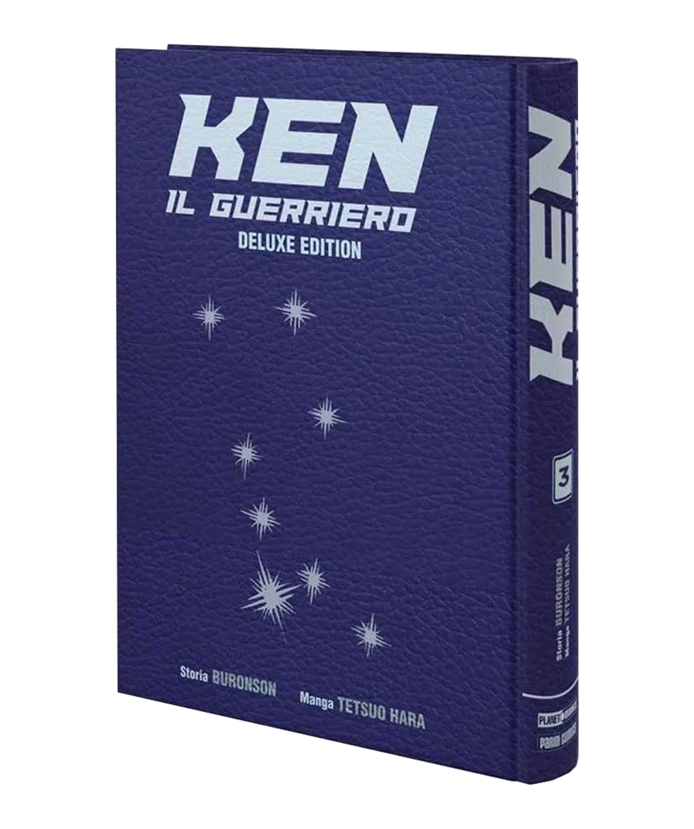 Copertina del manga Ken Il Guerriero Deluxe Edition volume 3. Il volume presenta una rilegatura elegante color viola scuro con un effetto testurizzato simile alla pelle. Sulla parte frontale spicca il titolo in bianco e la riproduzione argentata e stilizzata della celebre costellazione dell'Orsa Maggiore. In basso sono riportati i nomi degli autori Buronson e Tetsuo Hara.