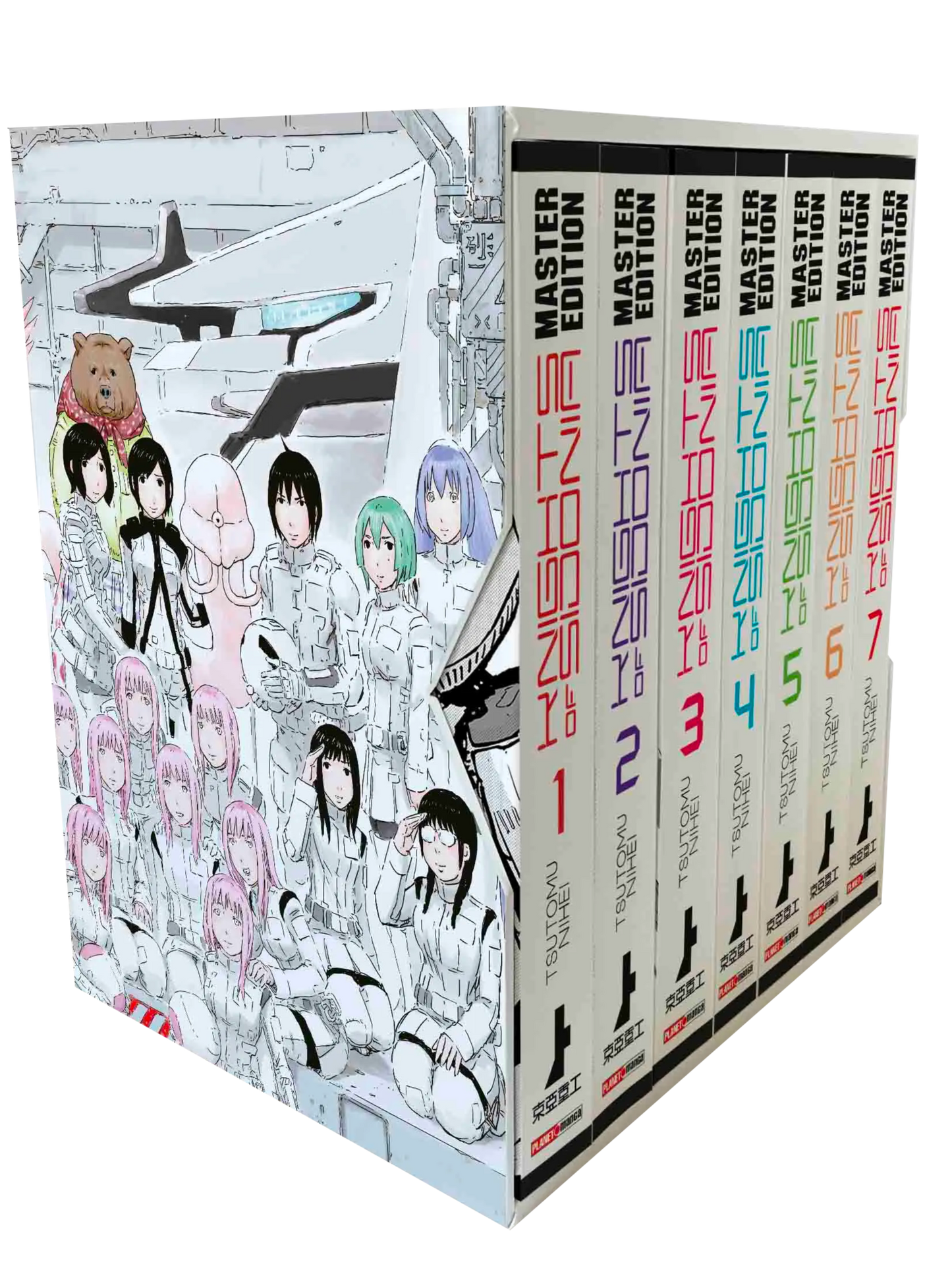 Cofanetto da collezione del manga Knights of Sidonia - Master Edition, edito da Panini Planet Manga, inquadrato di tre quarti su sfondo nero. Il robusto box illustrato contiene sette massicci volumi. Sul lato visibile del cofanetto è raffigurato un folto gruppo di personaggi in tute spaziali bianche, tra cui spiccano in basso numerosi cloni femminili dai corti capelli rosa, un ragazzo che regge un casco, un orso antropomorfo con una sciarpa rossa e una strana creatura aliena rosata.