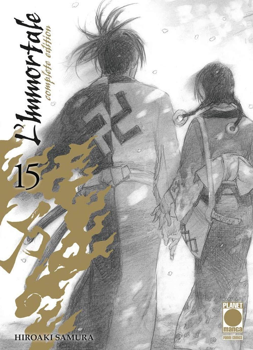 Copertina del manga L'Immortale Complete Edition Vol. 15; illustrazione artistica a matita in bianco e nero che mostra Manji (con il simbolo sulla schiena del kimono) e Rin visti di spalle mentre camminano allontanandosi.