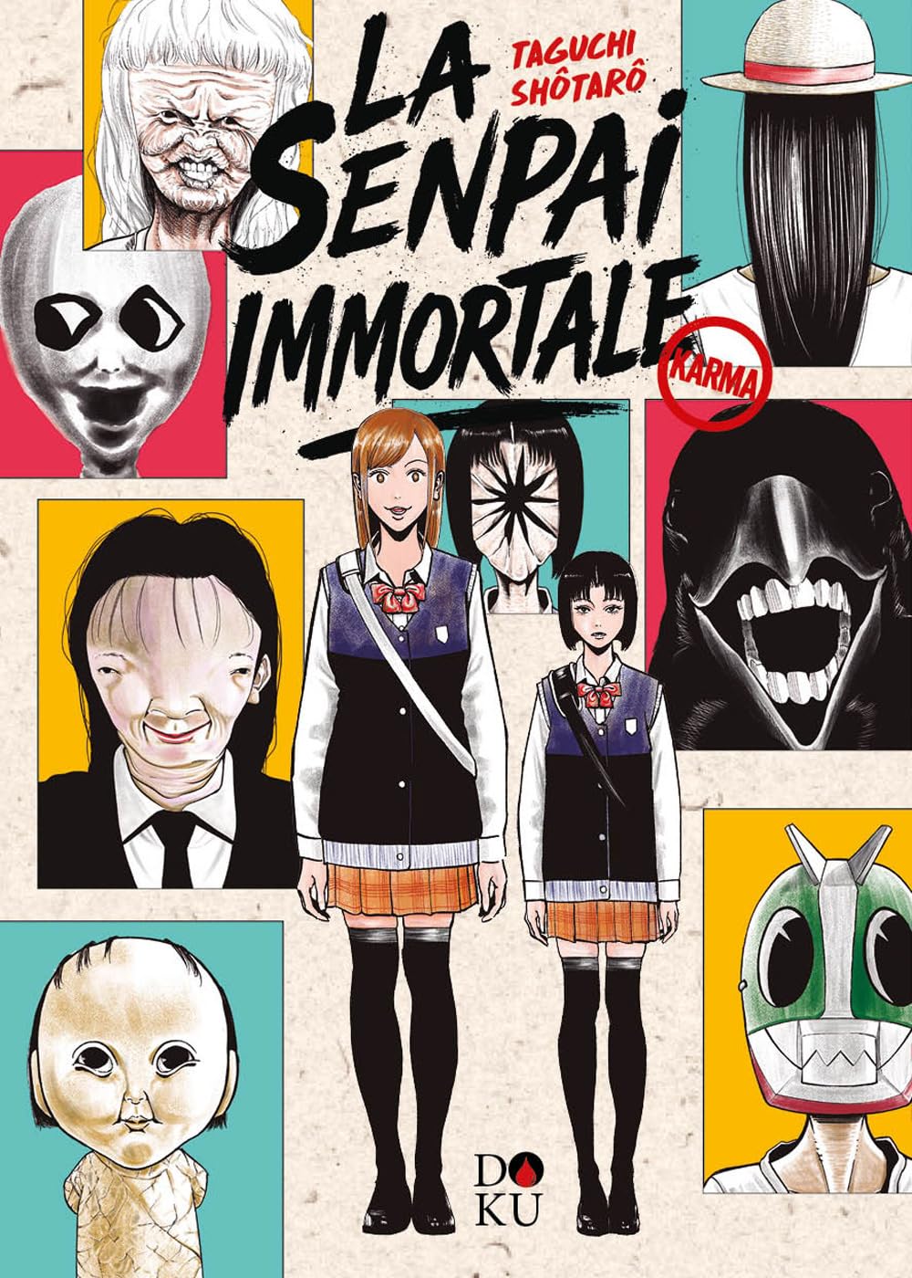 Copertina del manga La Senpai Immortale di Taguchi Shôtarô, edito da Coconino Press. L'illustrazione, dallo stile grottesco e inquietante, è composta come un collage di riquadri colorati. Al centro spiccano due ragazze in divisa scolastica con gonna a pieghe, camicia e cravattino rosso: una più alta dai capelli chiari (la senpai) e una più bassa dai capelli scuri a caschetto. Attorno a loro sono disposti vari volti e creature mostruose: una faccia deforme e rugosa, un volto grigio alieno dagli occhi neri.