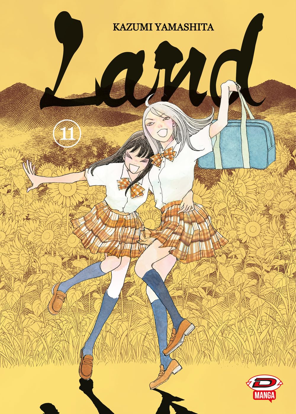 Copertina del manga Land volume 11 edito da Dynit; l'illustrazione mostra due ragazze sorridenti in divisa scolastica che corrono tenendosi per mano in un campo di girasoli.
