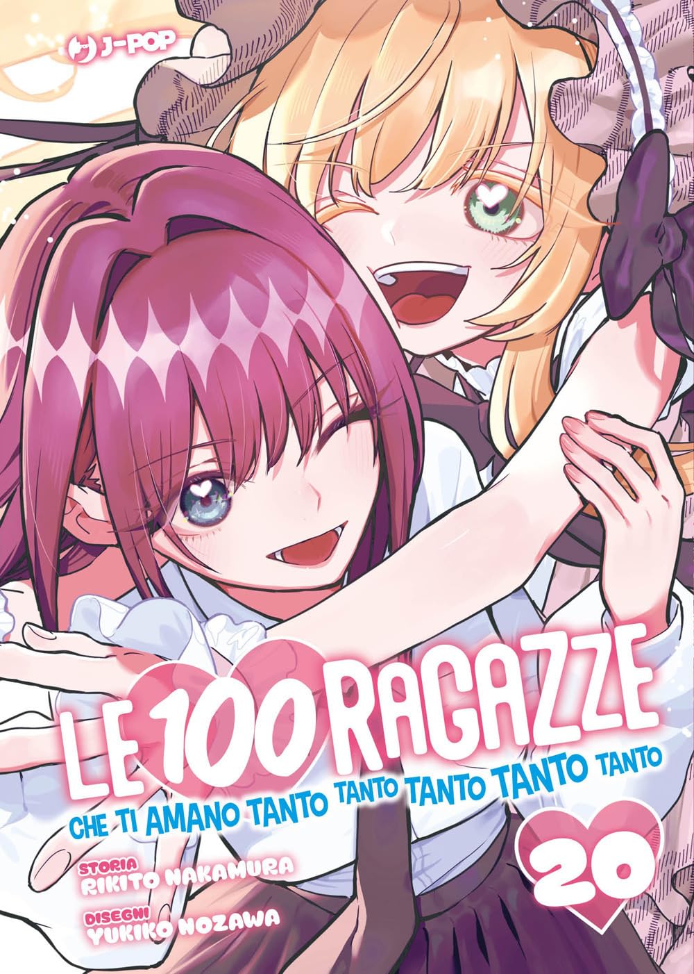 Copertina del ventesimo volume in italiano del manga 'Le 100 Ragazze Che Ti Amano Tanto Tanto Tanto Tanto Tanto' di Rikito Nakamura e Yukiko Nozawa, edito da J-POP Manga. L'illustrazione in primissimo piano ritrae due ragazze in un caloroso abbraccio: a sinistra una ragazza dai capelli viola-prugna con un sorriso vispo e dentino canino in vista, a destra una ragazza bionda sorridente con pupille a forma di cuore, sormontate dal titolo LE 100 RAGAZZE CHE TI AMANO TANTO TANTO TANTO TANTO TANTO, dal numero 20