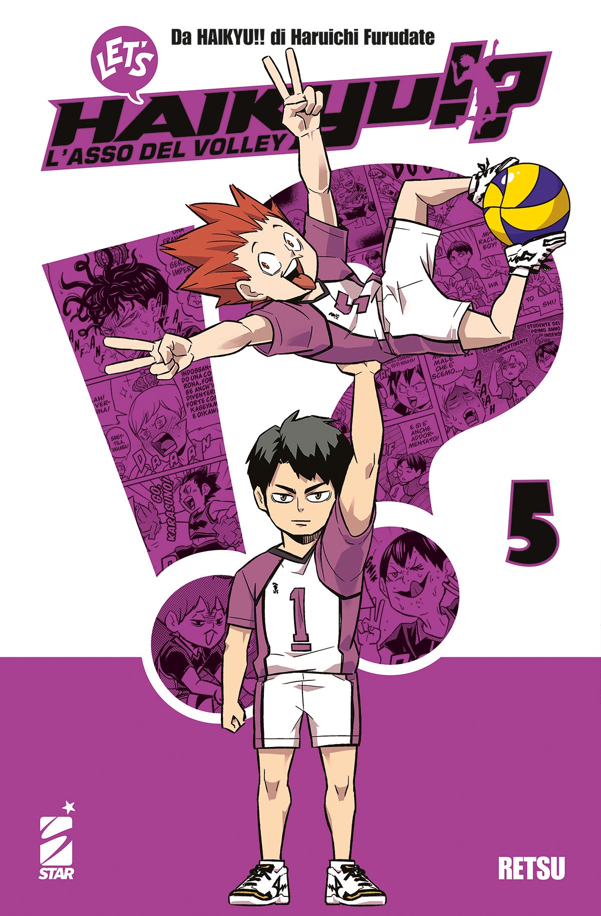 Copertina del quinto volume in italiano del manga comico 'Let's Haikyu!?' di Retsu (tratto da Haikyu!! di Haruichi Furudate), edito da Star Comics. L'illustrazione su uno sfondo diviso tra bianco e viola con vignette stilizzate a forma di punto esclamativo ritrae in stile chibi Wakatoshi Ushijima in divisa da gioco viola mentre tiene sollevato con un solo braccio Satori Tendo, il quale fa il segno di vittoria con le dita e bilancia un pallone da pallavolo sul piede, sormontati dal titolo LET'S HAIKYU!?