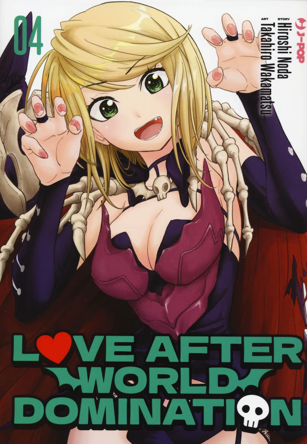 Copertina del manga 'Love After World Domination Vol. 4' edito da J-POP Manga con la bionda Desumi Magahara in costume da combattimento in posa giocosa con le mani a forma di artiglio.