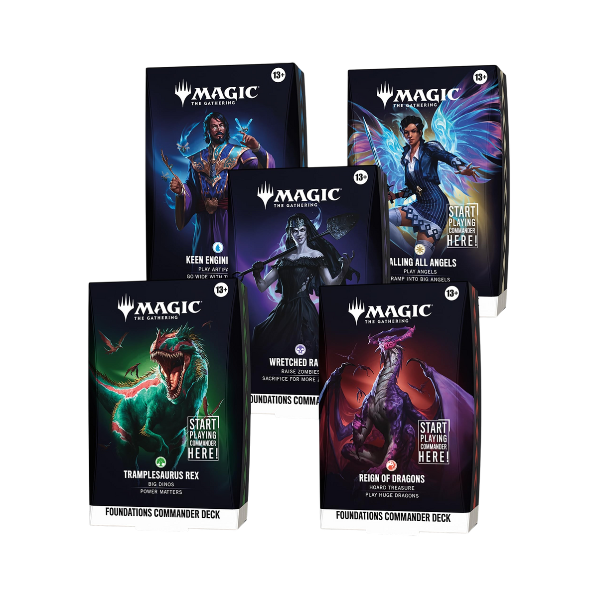 Set di 5 mazzi Commander Decks Magic The Gathering Foundations in inglese.
