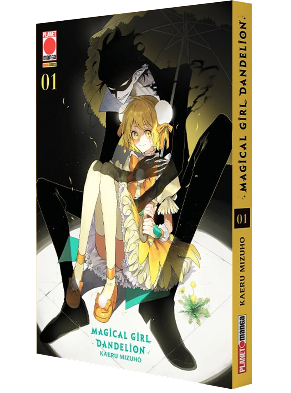 Copertina dell'edizione Instant Variant del manga Magical Girl Dandelion volume 1. Su uno sfondo completamente nero, la giovane protagonista bionda Tanpopo siede all'interno di un cono di luce, protetta da un ombrello tenuto dal demone d'ombra Shade