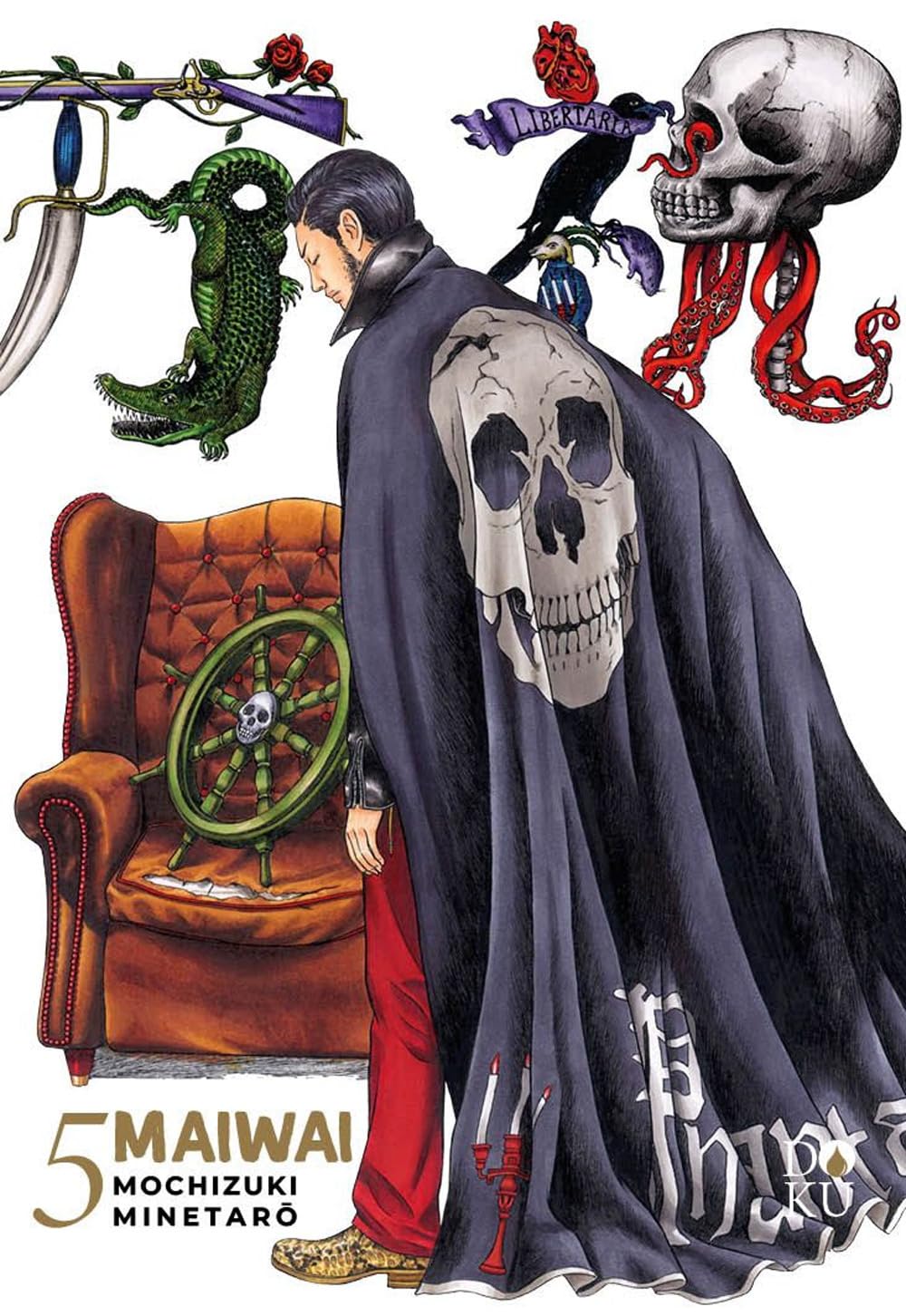 Copertina di Maiwai Vol. 5 (Coconino Press). Un uomo di profilo con un mantello nero decorato da un grande teschio; attorno a lui elementi grafici pop come un coccodrillo verde, un corvo e un teschio con tentacoli.