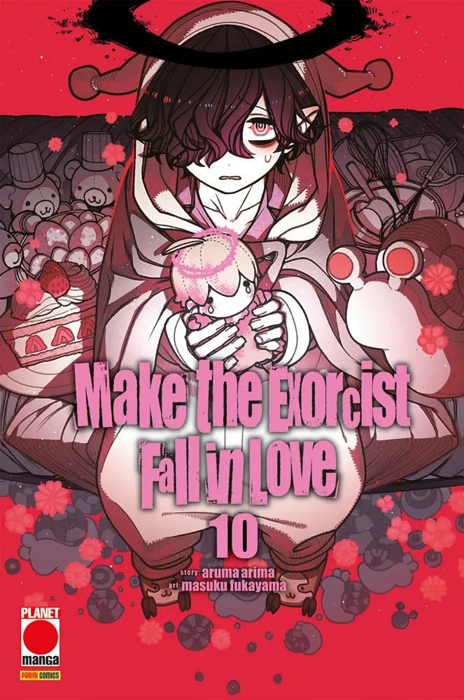 L'esorcista protagonista in un pigiama con cappuccio da giullare, stringe un pupazzo a forma di coniglietto rosa con espressione angosciata, circondato da dolci e un'atmosfera rossa e inquietante sulla copertina di Make The Exorcist Fall In Love Vol. 10.
