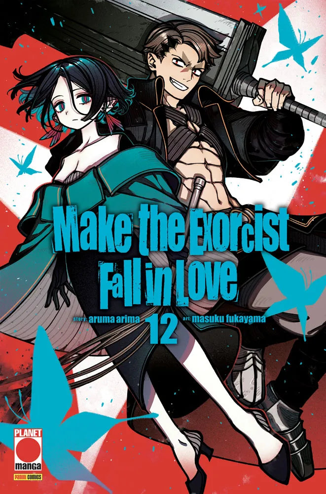 Copertina del manga Make The Exorcist Fall In Love Vol. 12. In primo piano una ragazza con capelli teal e un ragazzo con un'enorme spada nera sulle spalle, circondati da farfalle azzurre su sfondo rosso e bianco.
