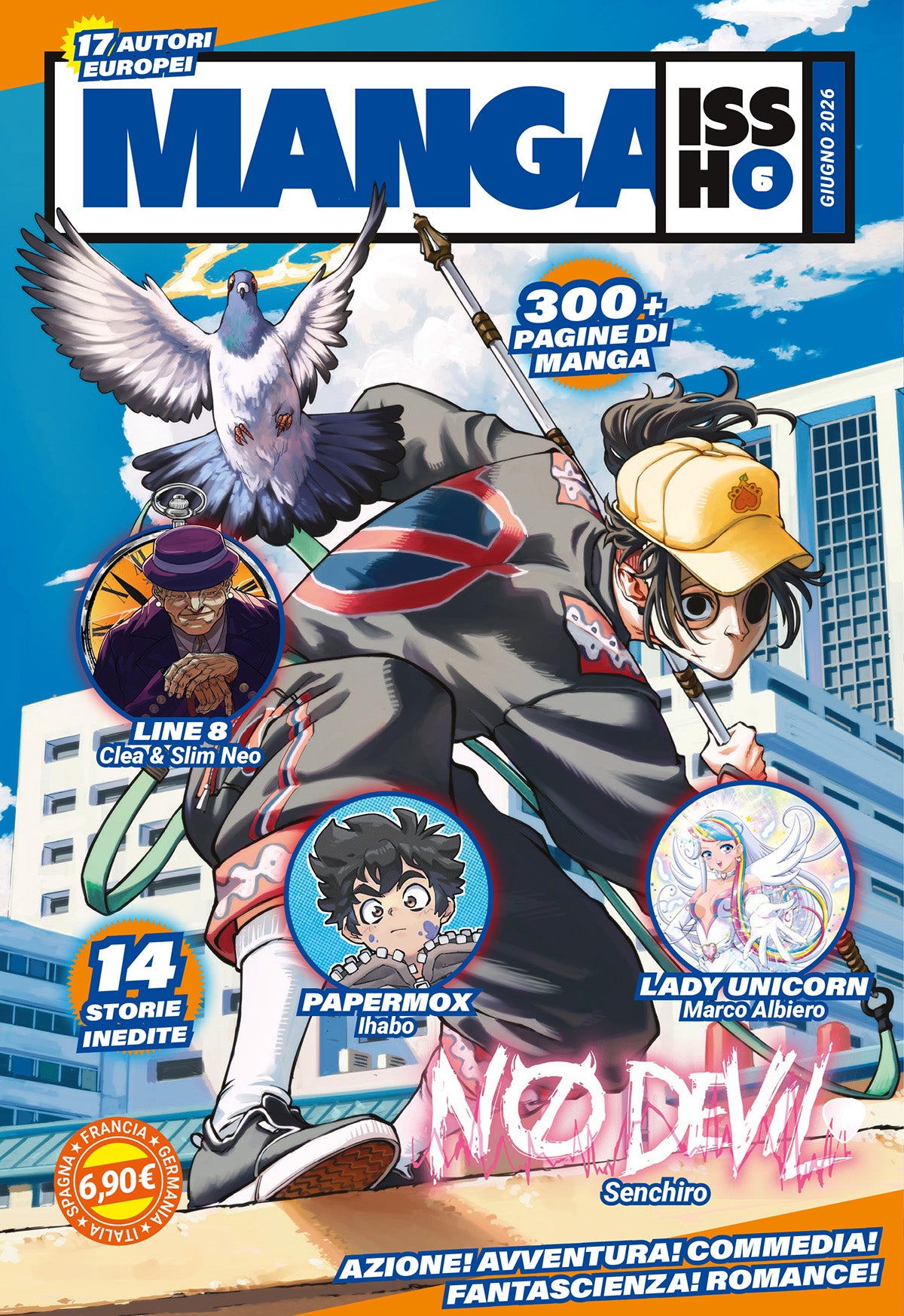 Copertina del sesto volume della rivista antologica Manga Issho di giugno 2026, con un personaggio dinamico in posa d'azione con cappellino giallo e una maschera bianca, circondato da tre bollini circolari che mostrano le altre storie incluse nel volume.