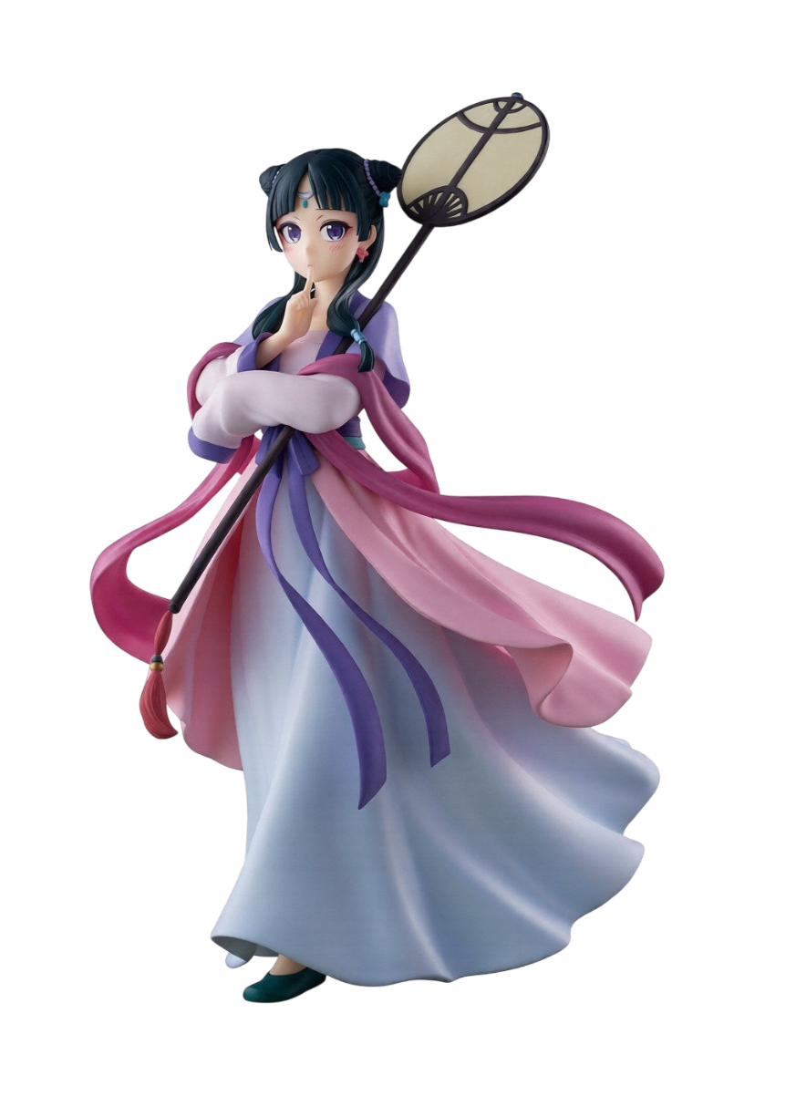 Figure di Maomao in versione Moon Fairy da I Diari della Speziale realizzata da Banpresto con abito tradizionale rosa e viola e ventaglio.
