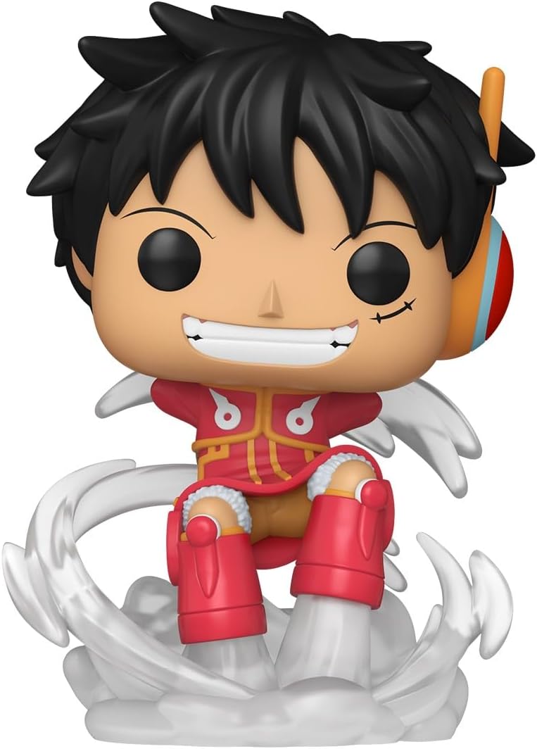 Funko POP! PLUS numero 2138 di Monkey D. Luffy da One Piece, in posa d'attacco con un grande sorriso, circondato da effetti di vapore bianco (Gear Second) sulla base.