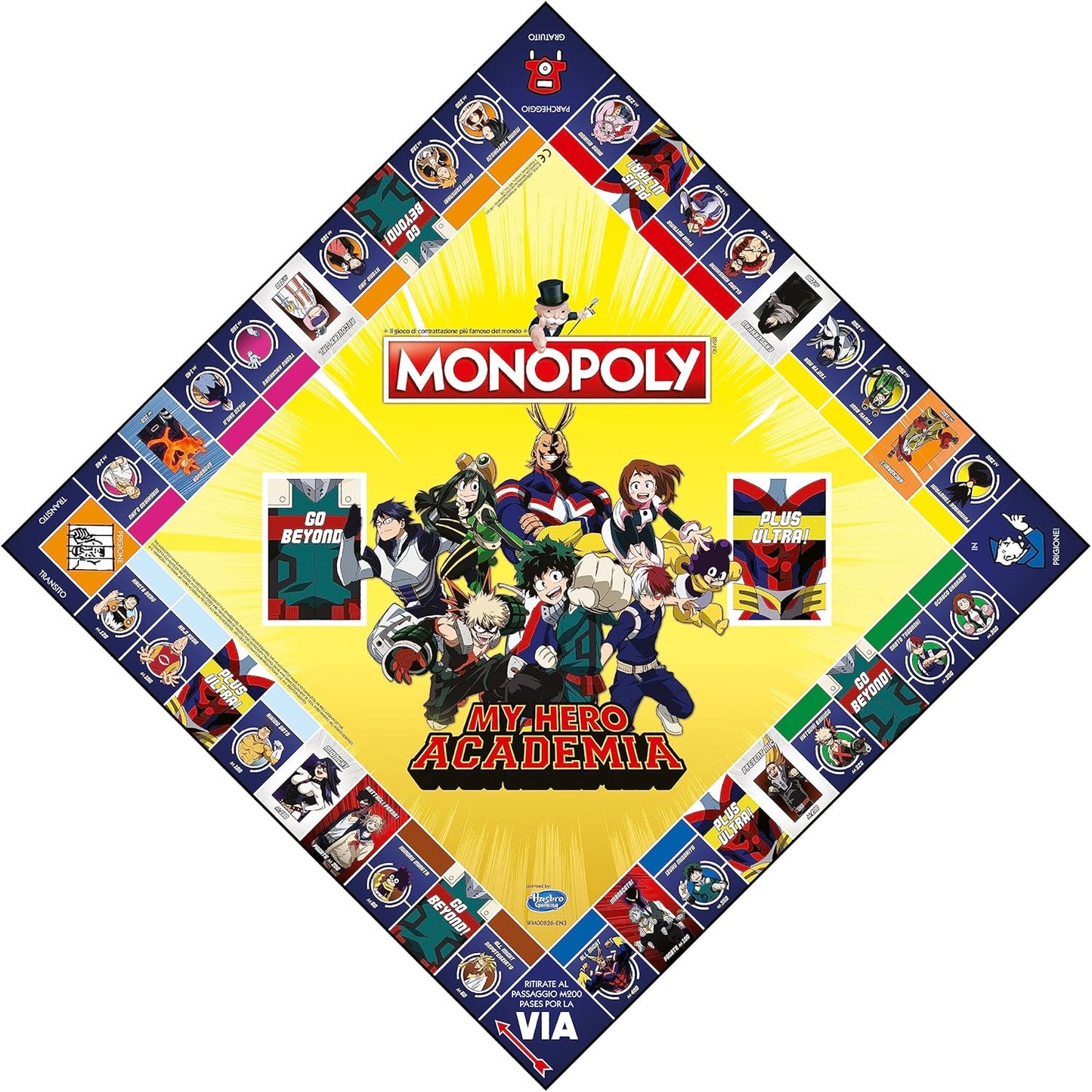 La scatola del gioco da tavolo Monopoly: My Hero Academia, con Deku, Bakugo e All Might in posa eroica sul tabellone personalizzato e le pedine da collezione (come la maschera di Deku e i guanti di Bakugo) in primo piano.