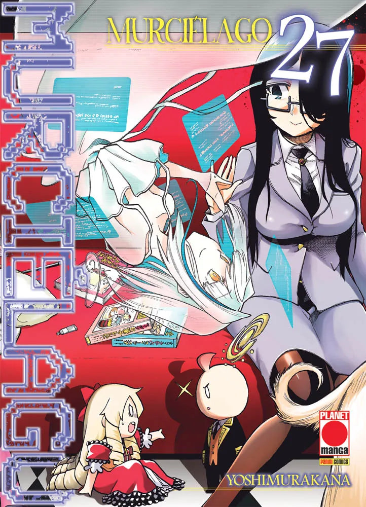 Copertina del manga Murciélago Vol. 27 (Planet Manga). Kuroko in abito grigio e occhiali siede sorridente accanto a Hinako, circondate da interfacce digitali azzurre e piccoli personaggi chibi.