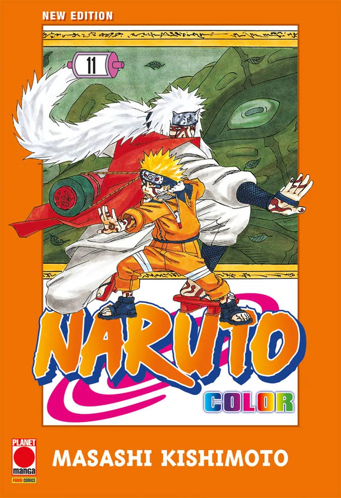 Copertina dell'undicesimo volume del manga a colori 'Naruto Color New Edition' di Masashi Kishimoto, edito da Panini Planet Manga. L'illustrazione su sfondo arancione ritrae in posa da combattimento il giovane Naruto Uzumaki insieme all'eremita Jiraiya dai lunghi capelli bianchi, con una pergamena in alto che mostra il numero 11 e il titolo NARUTO COLOR in basso.