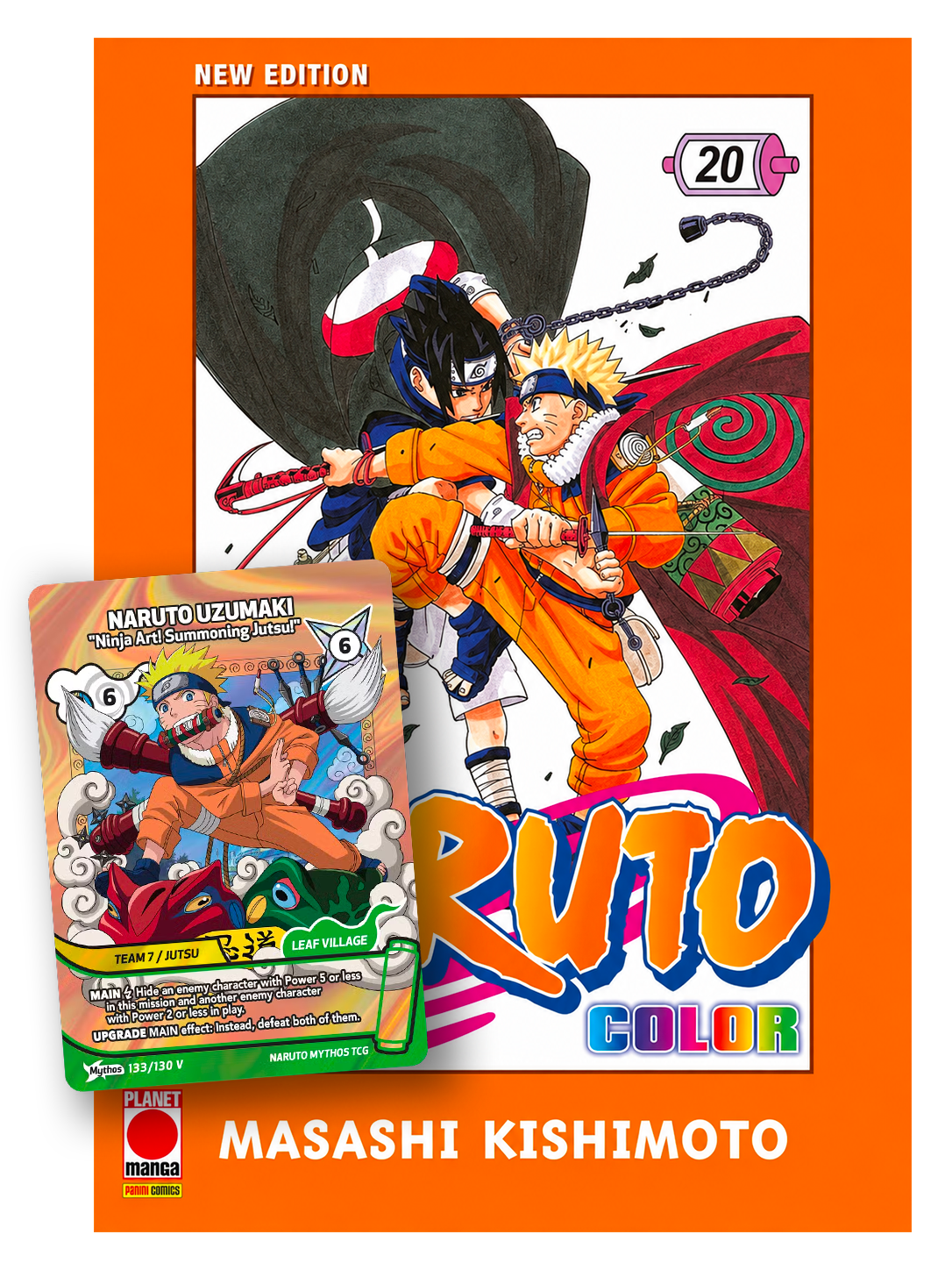 Copertina del ventesimo volume del manga 'Naruto Color New Edition' di Masashi Kishimoto, edito da Panini Planet Manga su sfondo arancione. L'illustrazione principale mostra Naruto Uzumaki e Sasuke Uchiha in posa da combattimento, affiancata in basso a sinistra dall'esclusiva carta promozionale da collezione 'Naruto Uzumaki - Ninja Art! Summoning Jutsu!' del gioco di carte Naruto Mythos TCG.